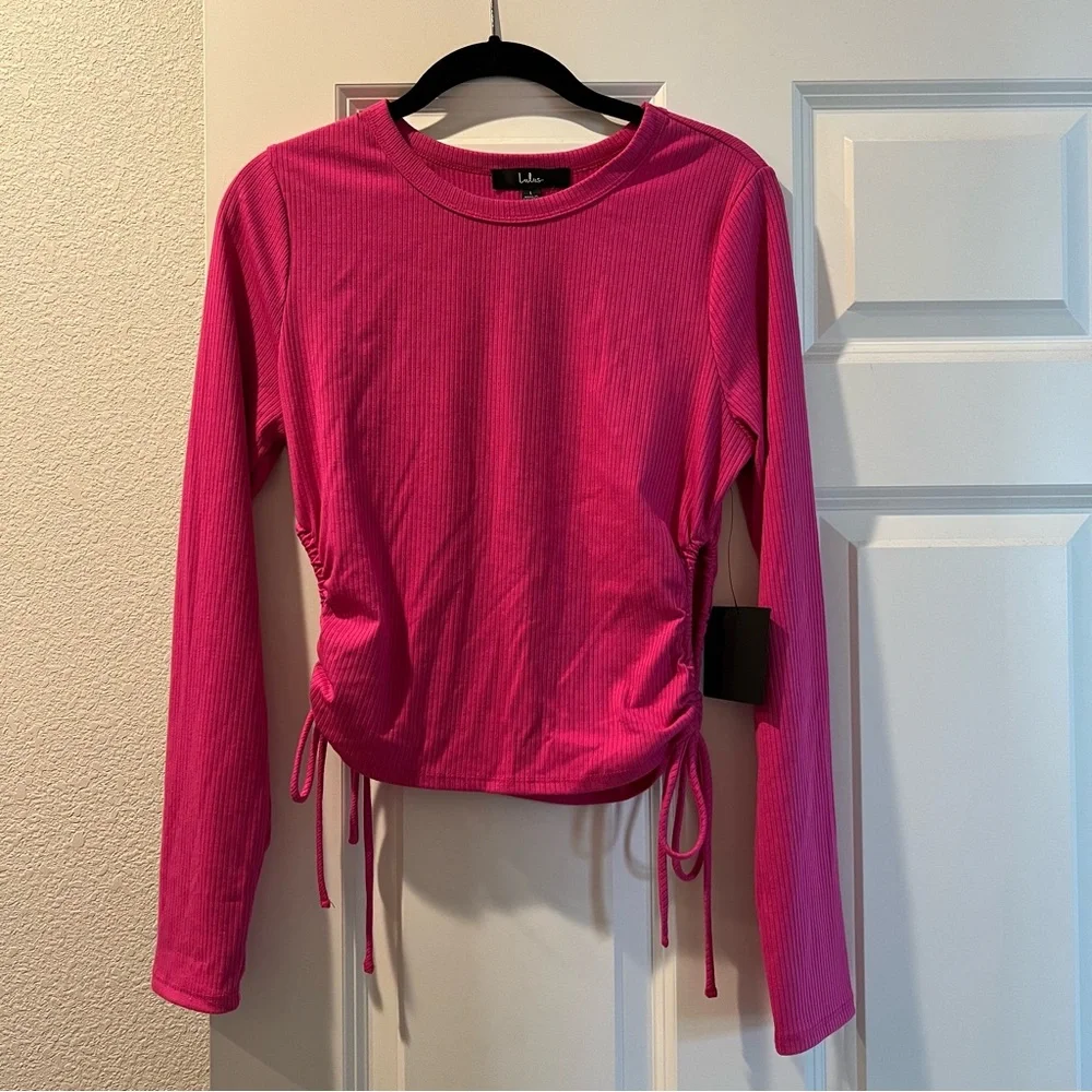 LULUS Magenta Drawstring Ruched Cutout Long sleeve Top